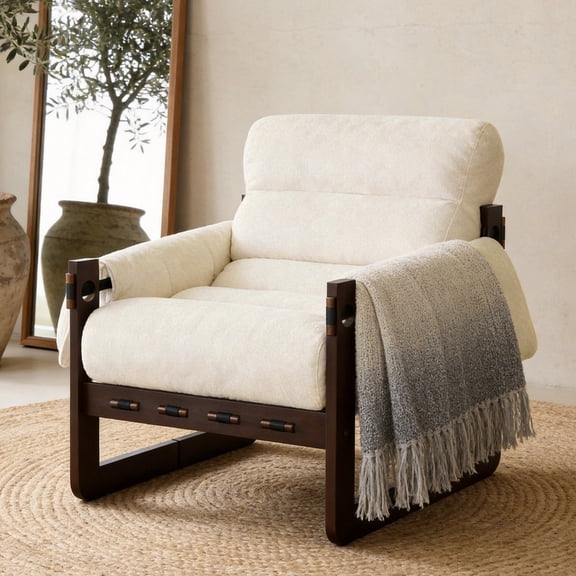 Peispie Oversized Chenille Accent Chair, Modern Solid Wood Lounge Armchair, Ergonomic Upholstered Reading Chair with Overstuffed Cushions for Living Room Bedroom, Beige