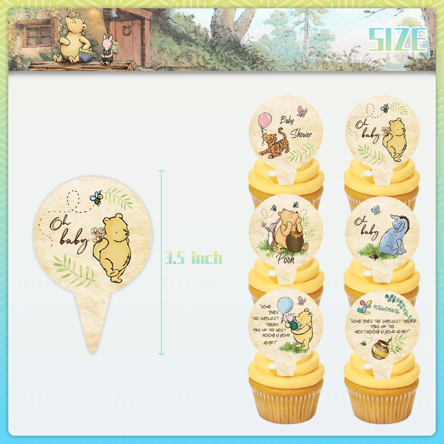 Winnie Cupcake Toppers for Baby Shower, Pooh Theme Birthday, Wedding,  Bridal Shower, Classroom Favors Decorations 32Pcs
