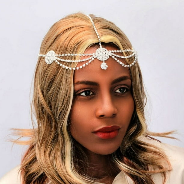 Cadena para la cabeza de cristal, cadena para el pelo con borla gitana plateada, diamantes de imitación, tocados de boda para novia, accesorios para el cabello para disfraces de fiesta de graduación