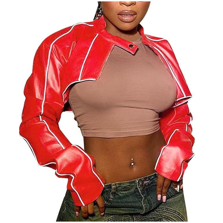 Women's Cut Out Asymmetric Mock Neck Faux PU Leather Crop Jacket