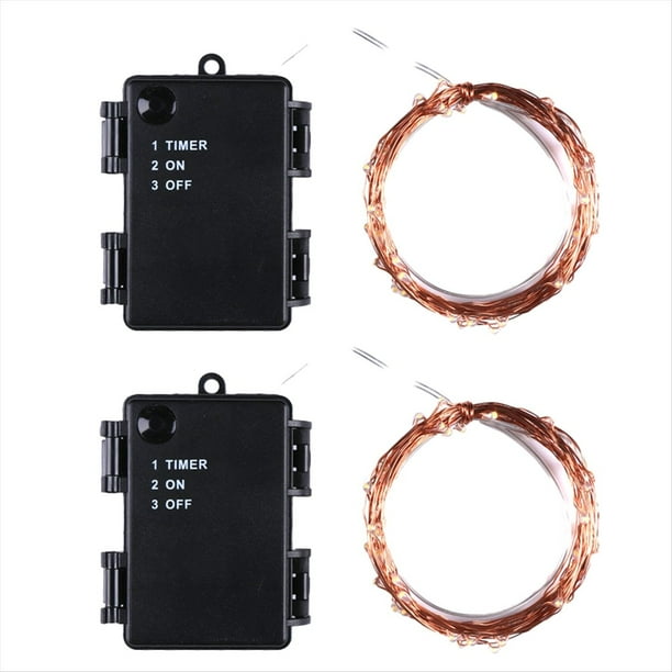 Tira de Luces LED de 2 Piezas, 10 M, 100 Luces (Cuatro Colores), 4,5 V, 3 Pilas AA, Estuche Impermeable con Soporte para Pilas y Encendido/Apagado