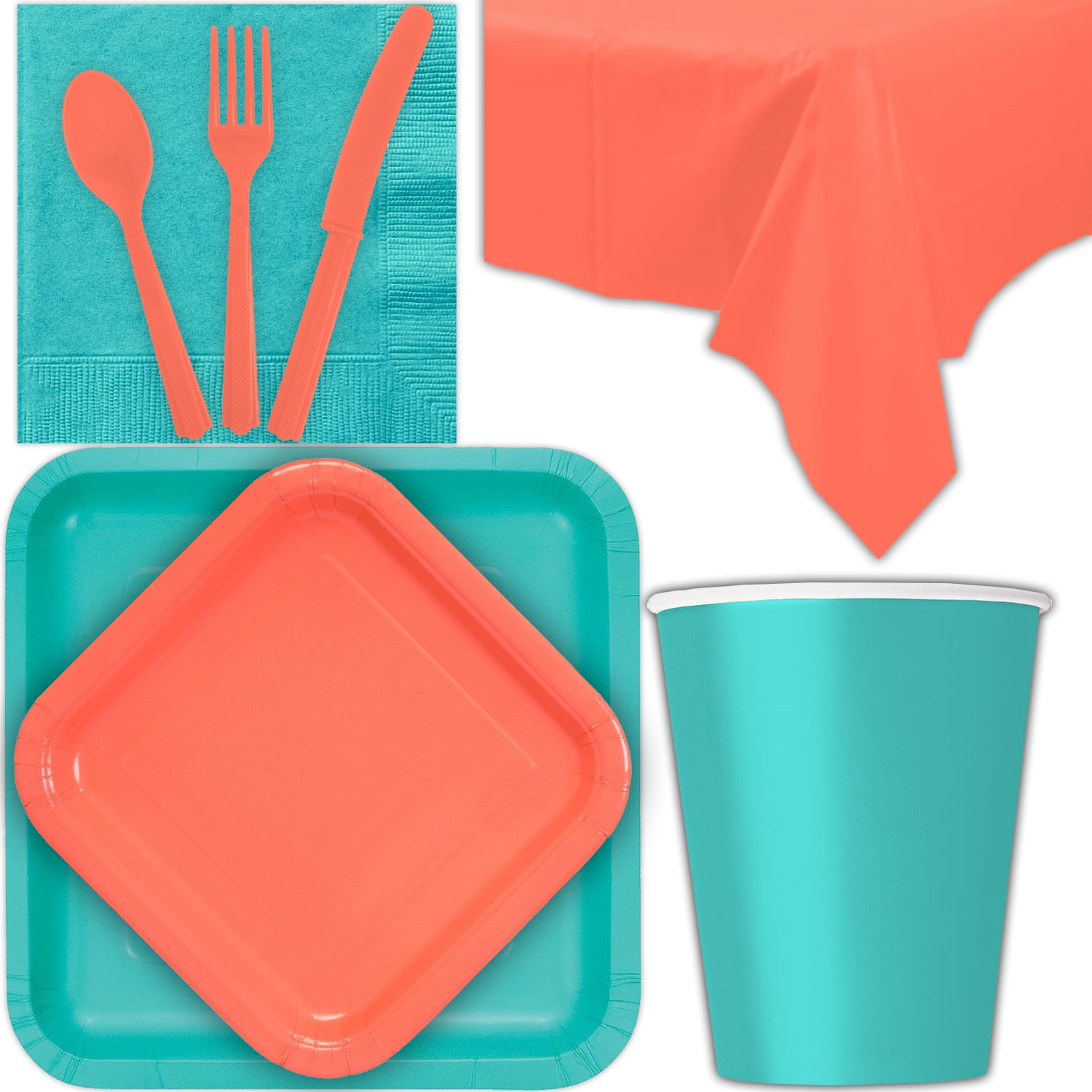 Disposable Party Supplies for 28 Guests Caribbean Teal and Coral