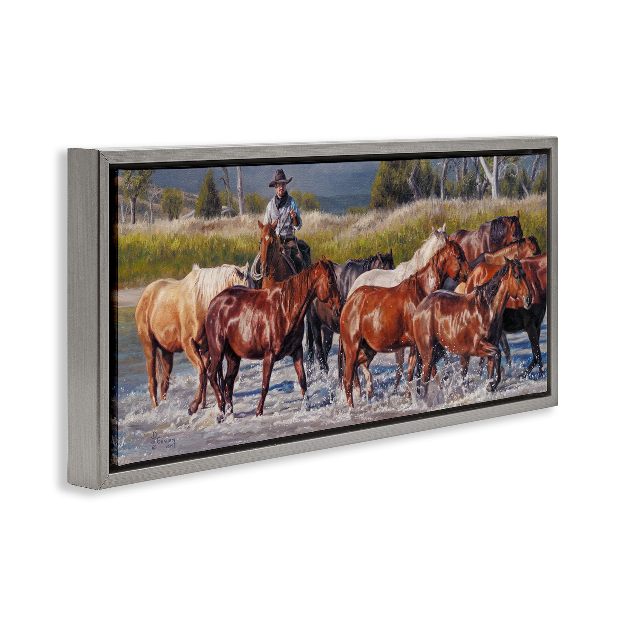 Stupell Industries Crossing The Remuda Animals & Insects Painting Gray Floater Framed Canvas Art Print Wall Art, 25 x 11
