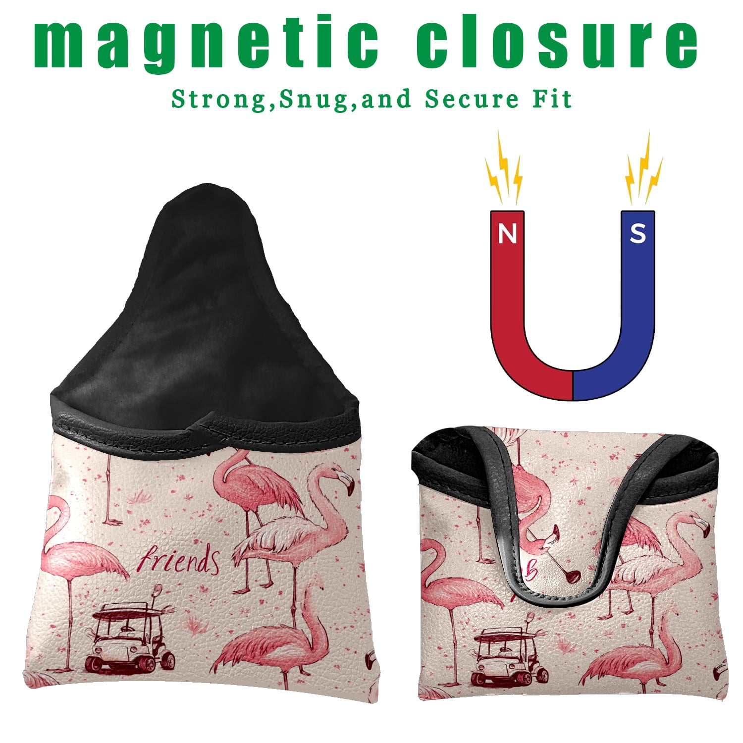 Golf Mallet Putter Cover Premium Leather Waterproof Golf Putter Head Cover with Magnetic Closure Flamingo