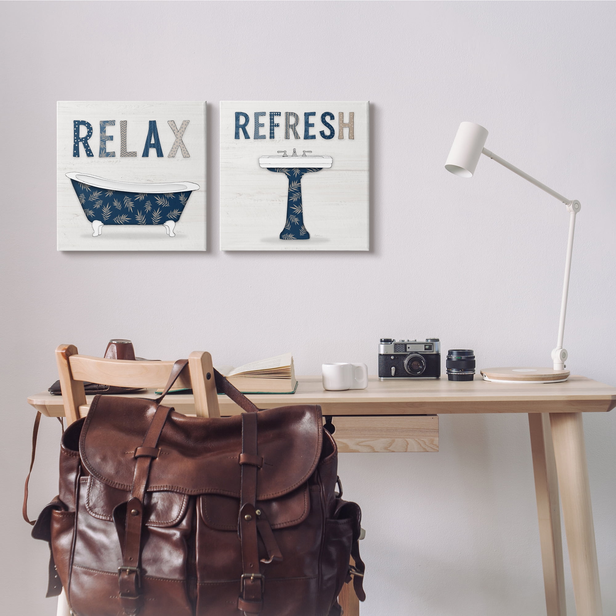 Stupell Industries Relax Refresh Bathroom Phrases Blue Palm Pattern Text, 17 x 17, Design by Natalie Carpentieri