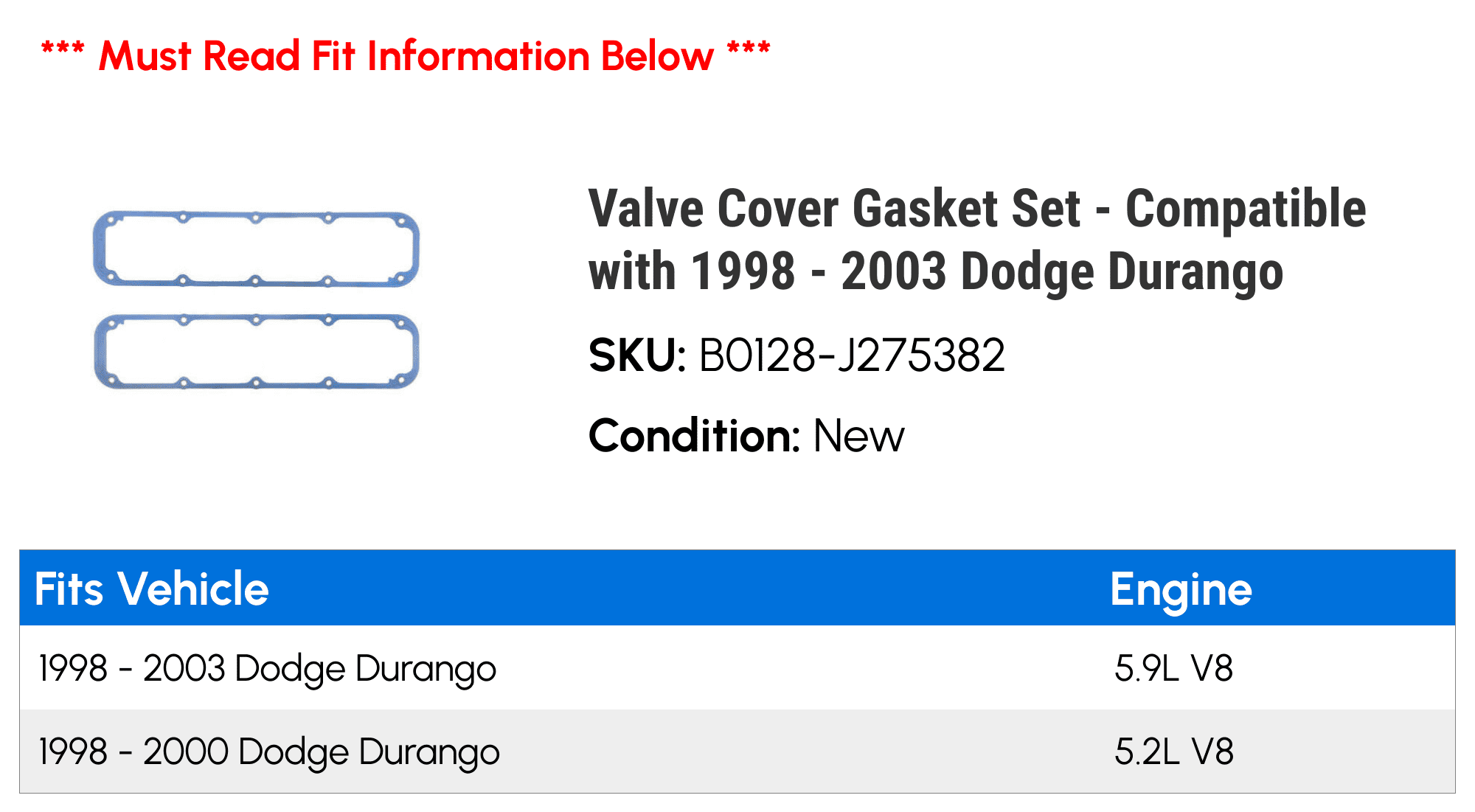 Valve Cover Gasket Set - Compatible with 1998 - 2003 Dodge Durango - Fel-Pro
