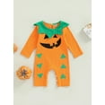 thumbnail image 2 of Seyurigaoka Newborn Baby Halloween Pumpkin Jumpsuit Funny Face Triangle Print Round Neck Long Sleeve Romper for Toddler Girl Boy, 2 of 9