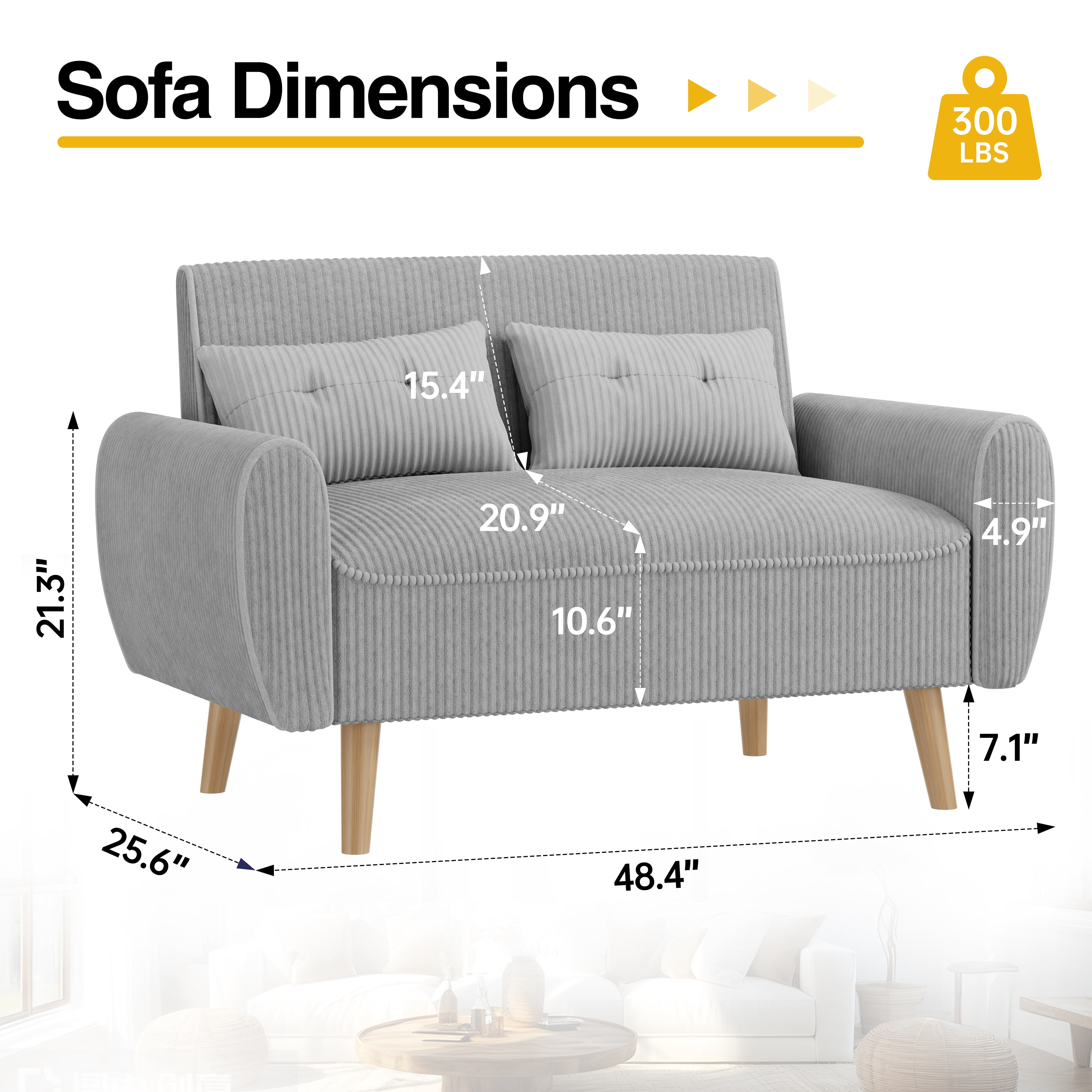 Walsunny 49" Loveseat Sofa Couch, 2-Seat Fabric Upholstered Sofa with 2 Removable Pillows, Modern Loveseat Couch, Wood Leg, Light Grey