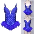 thumbnail image 4 of Aislor Women Rhinestones Feather Dacne Leotard Sleeveless Ballet Unitard Cocktail Party Dress Stage Wear Blue M, 4 of 7