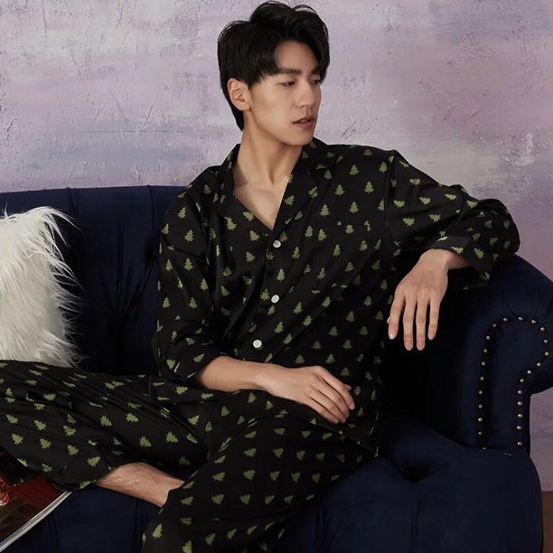 Conjunto de pijamas de 2 piezas para mujer, ropa de dormir de manga larga con estampado de árbol de Navidad, trajes de satén para estar en casa, primavera y verano