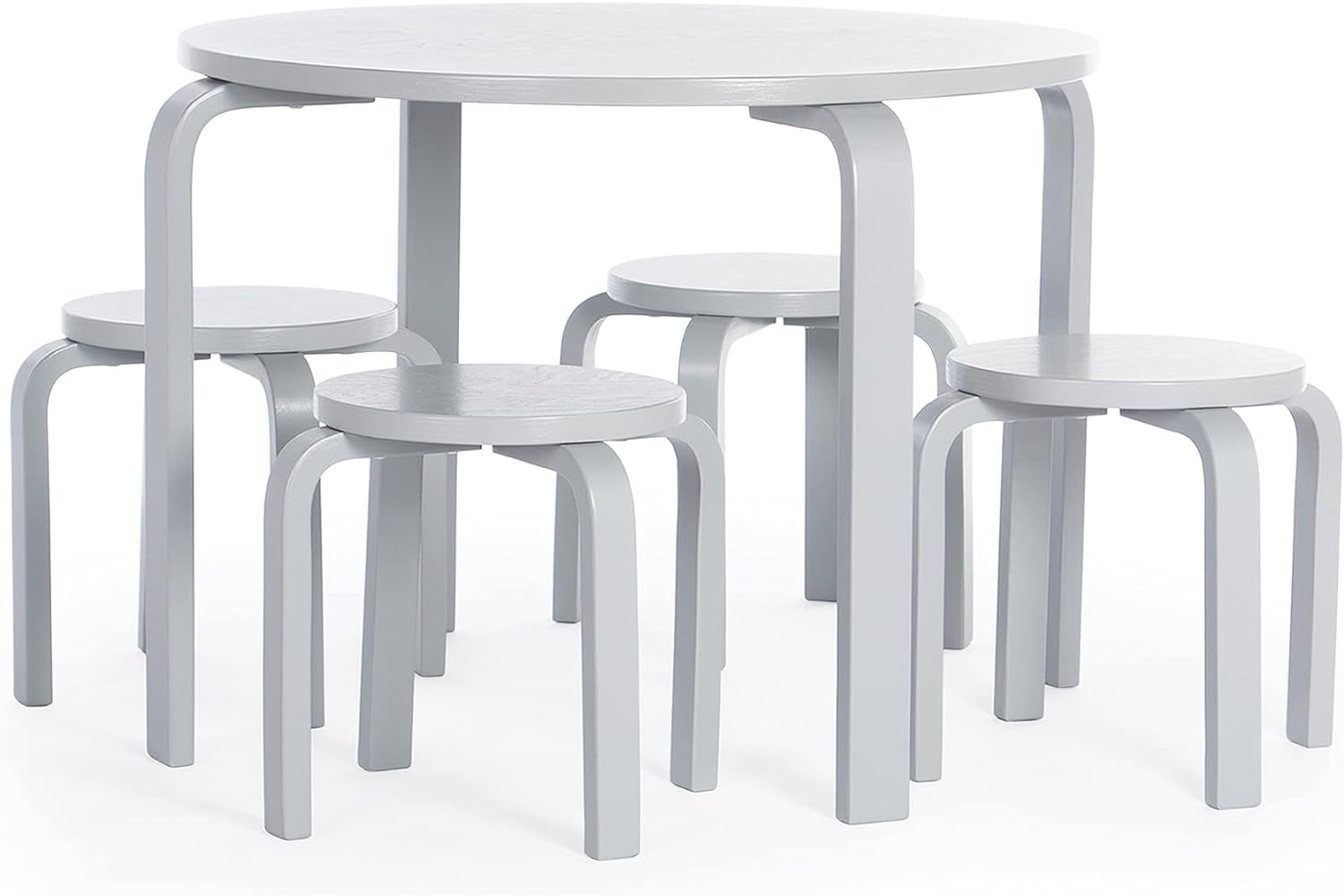 Guidecraft Kids' Nordic Table and Chairs Set - Gray: Childrens Wood Round Toddler Activity Table for Playroom with 4 Stacking Stools