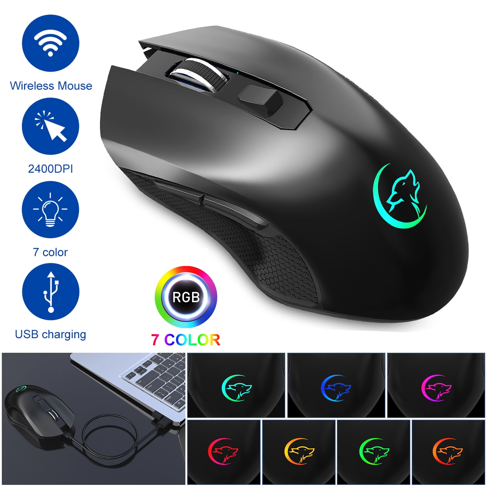 Rechargeable Wireless Mouse, 2.4G Ergonomic Silent Gaming Mice Portable
