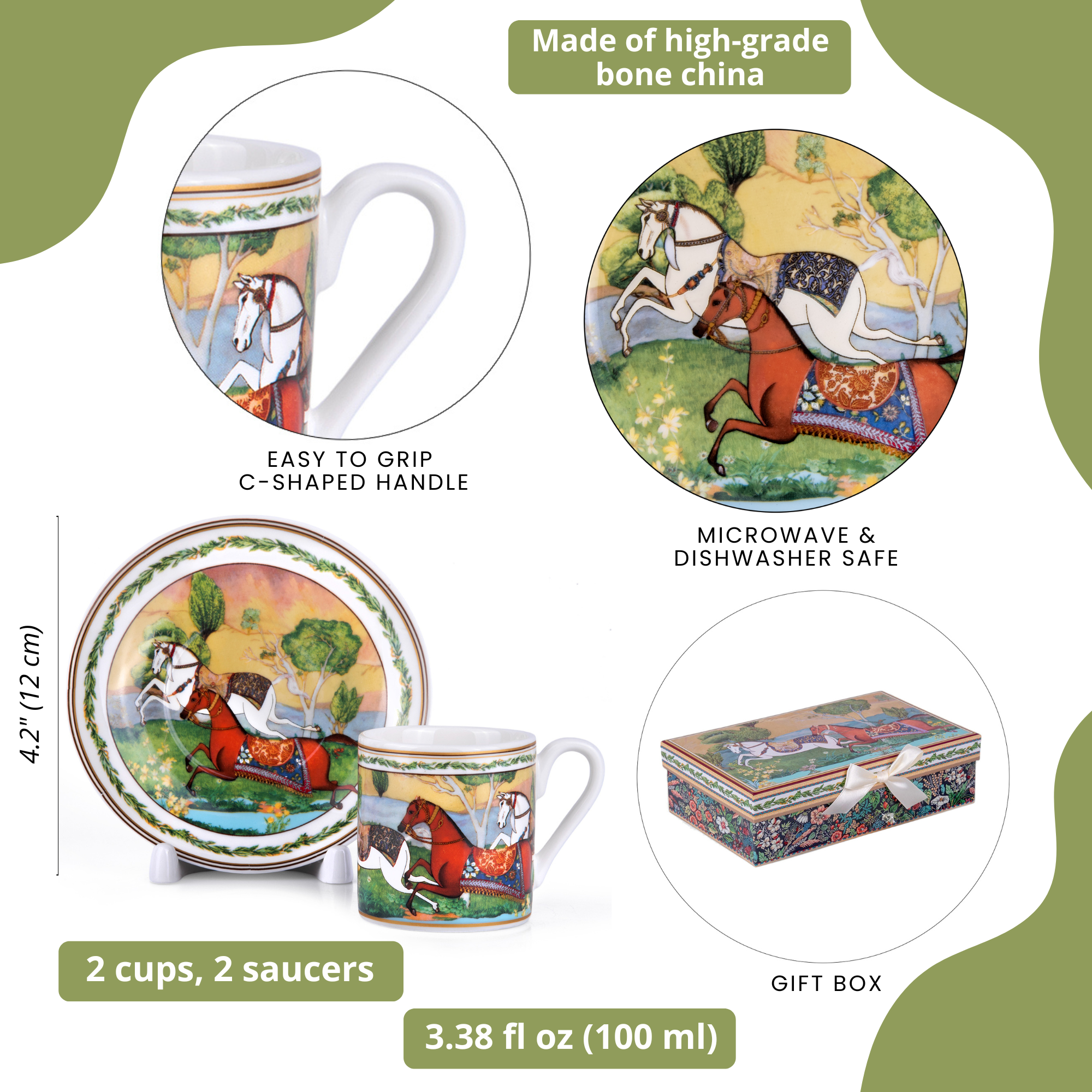 STP GOODS Running Horse Bone China Espresso Coffee Cup and Saucer Set of 4 for 2 in Gift Box 3.38 fl oz (100 ml) Porcelain Coffee Cup Set, White Green Yellow