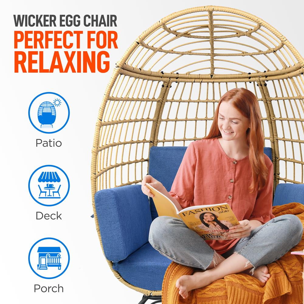 SereneLife Wicker Rattan Egg Chair, Indoor Outdoor Blue Sofa Chair for Patio Backyard & Living Room