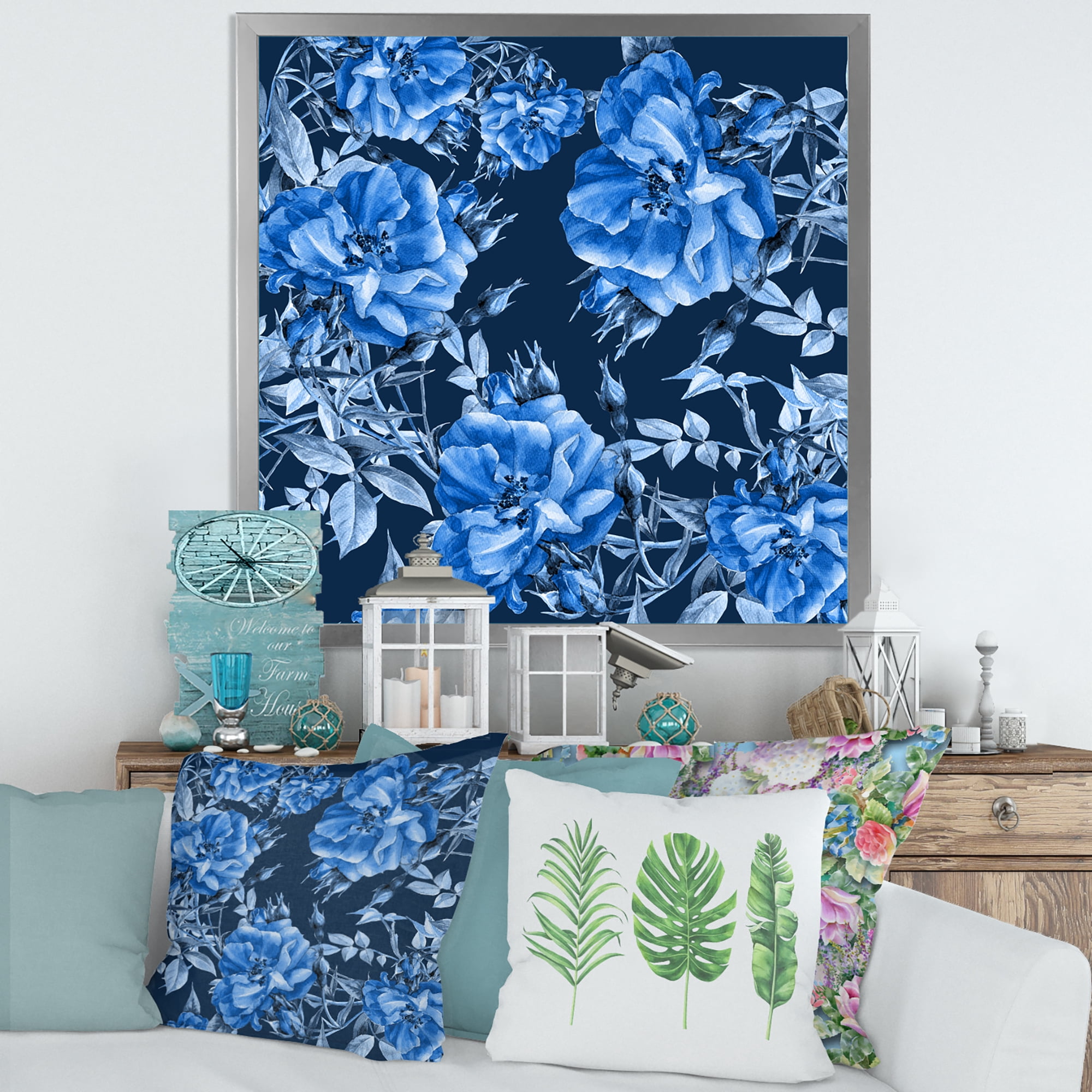 Designart 'Abstract Blue Wildflowers' Modern Framed Art Print