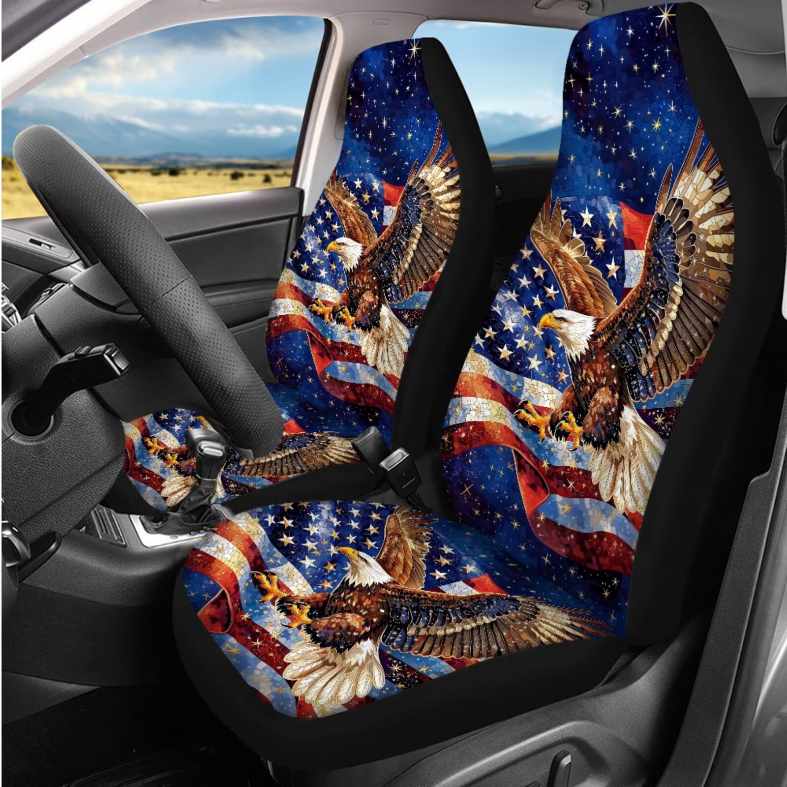 Uorisanigo Car Seat Covers Set 14 Pcs with Car Steering Wheel Cover Auto Seat Belt Cover Arm Rest Cover Head Rest Protector Universal for Auto Truck Van SUV(American Independence Day Eagle)