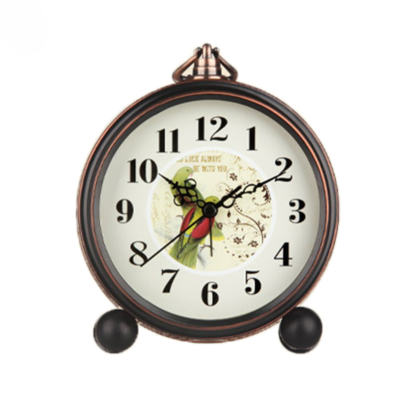 Vintage Desktop Metal Flower Bird Pattern Silent Alarm Clock with