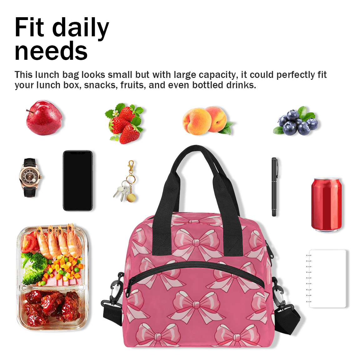 Herdesigns Pink Insulated Lunch Bag for Women Men Adults Large Reusable Lunch Box Bow Leakproof Cooler Tote Bags with Adjustable Shoulder Strap