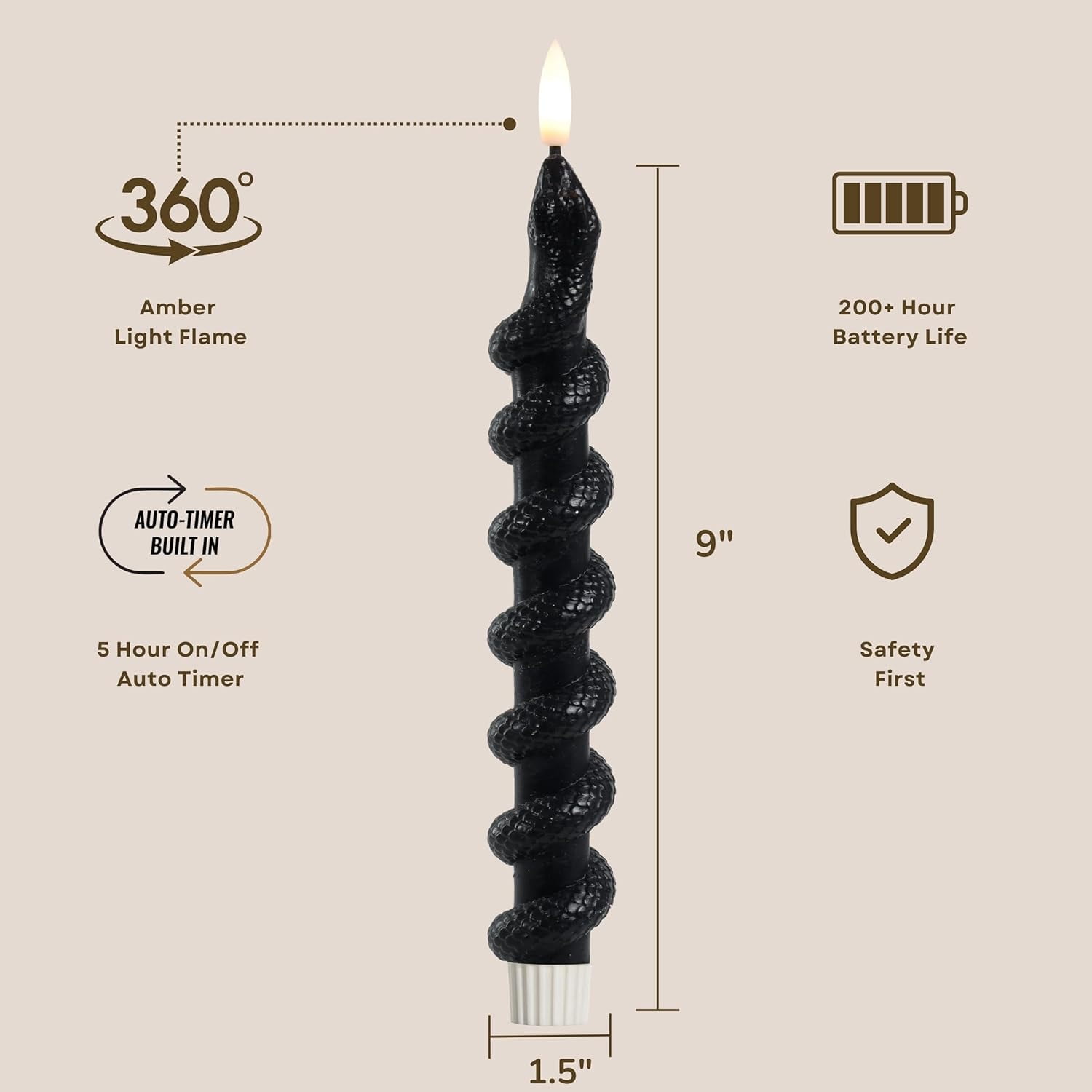 LumiPur Signature Halloween Collection Natural Glow Flickering Flameless LED Wax Taper Candle 1" x 9" (Snakes - Black, 2-Pack)