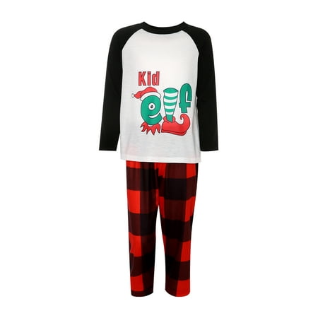 

Amuver Christmas Family Pajamas Set Letter Elf Print Long Sleeve O-neck T-shirt+Plaid Print Trousers
