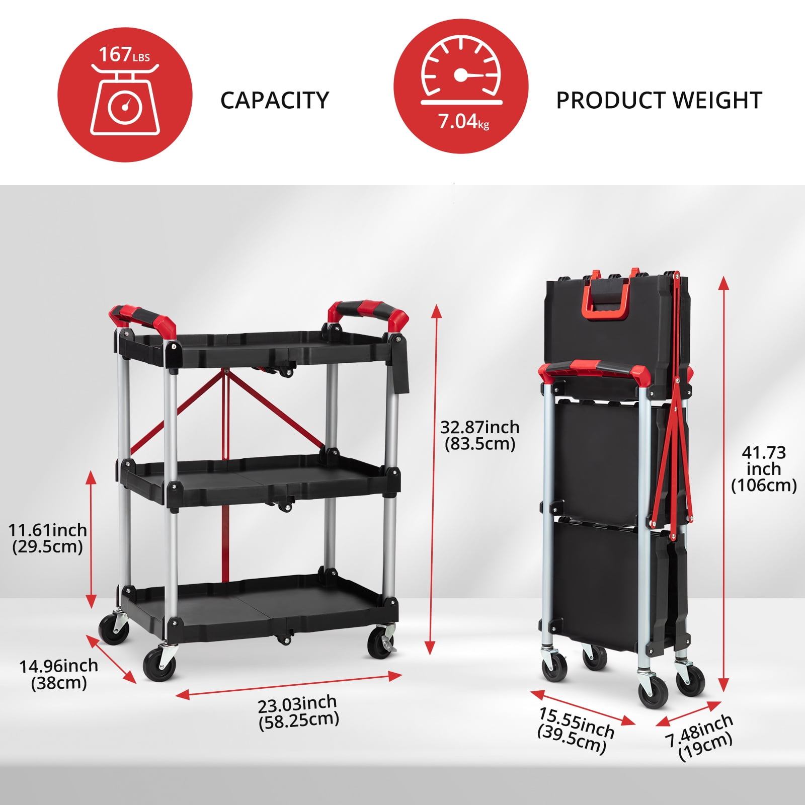 Foldable Utility Carts with Wheels, 3-Tierrolling tool cart,Collapsible Service Cart 168LB for Home, Office, Garage, and Warehouse,No Assembly Required