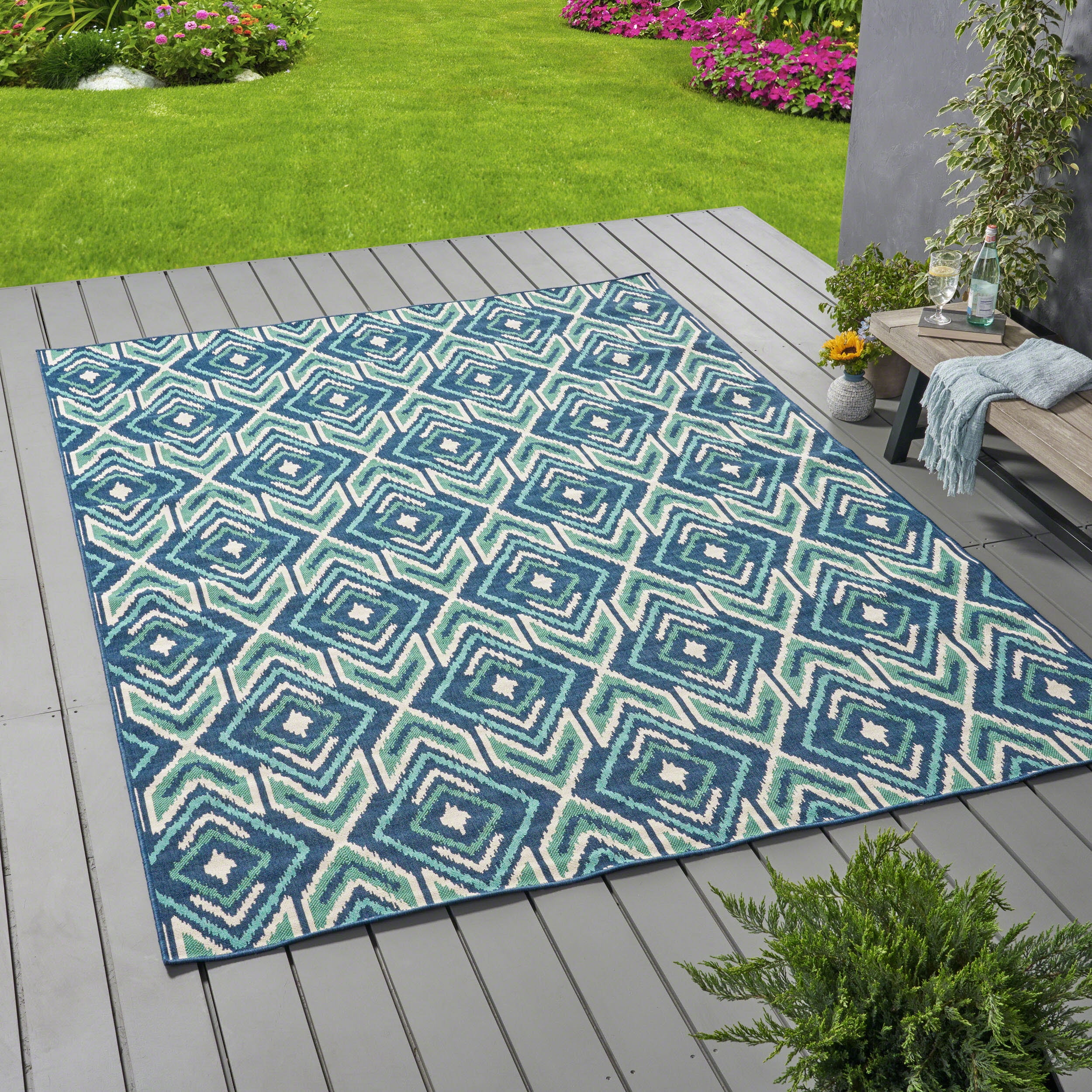 Heather Outdoor Geometric 8' x 11' Area Rug, Navy and ...