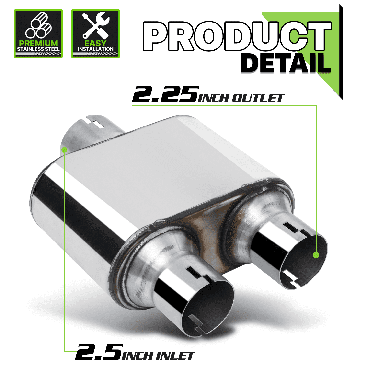 Magshion Chrome 2.5" Inlet 2.25" Outlet Stainless Steel Dual Chambered Exhaust Muffler Straight-Through Round Tip