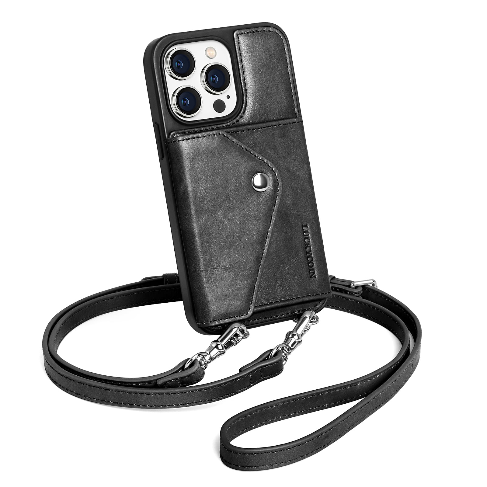 Handmade Genuine Leather Crossbody Wallet Phone Case for Apple iPhone 14 Pro 6.1-Inch,with Strap and Flip Wallet Card Holder,Shockproof Durable Scratch Protective