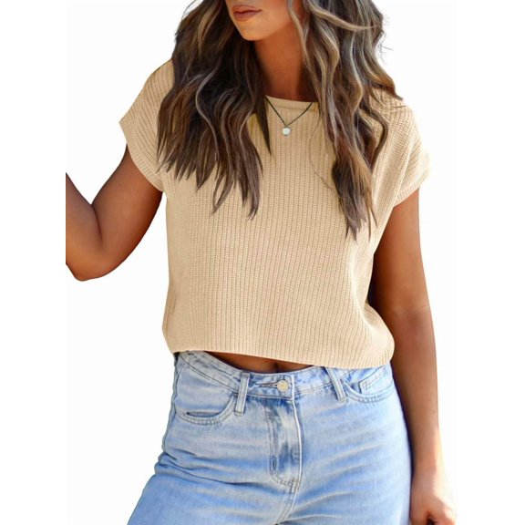 Women'S Summer Cropped Sweater Vest Trendy Cap Sleeve Crop Tops Crew Neck Loose Knit Tank Top Color S