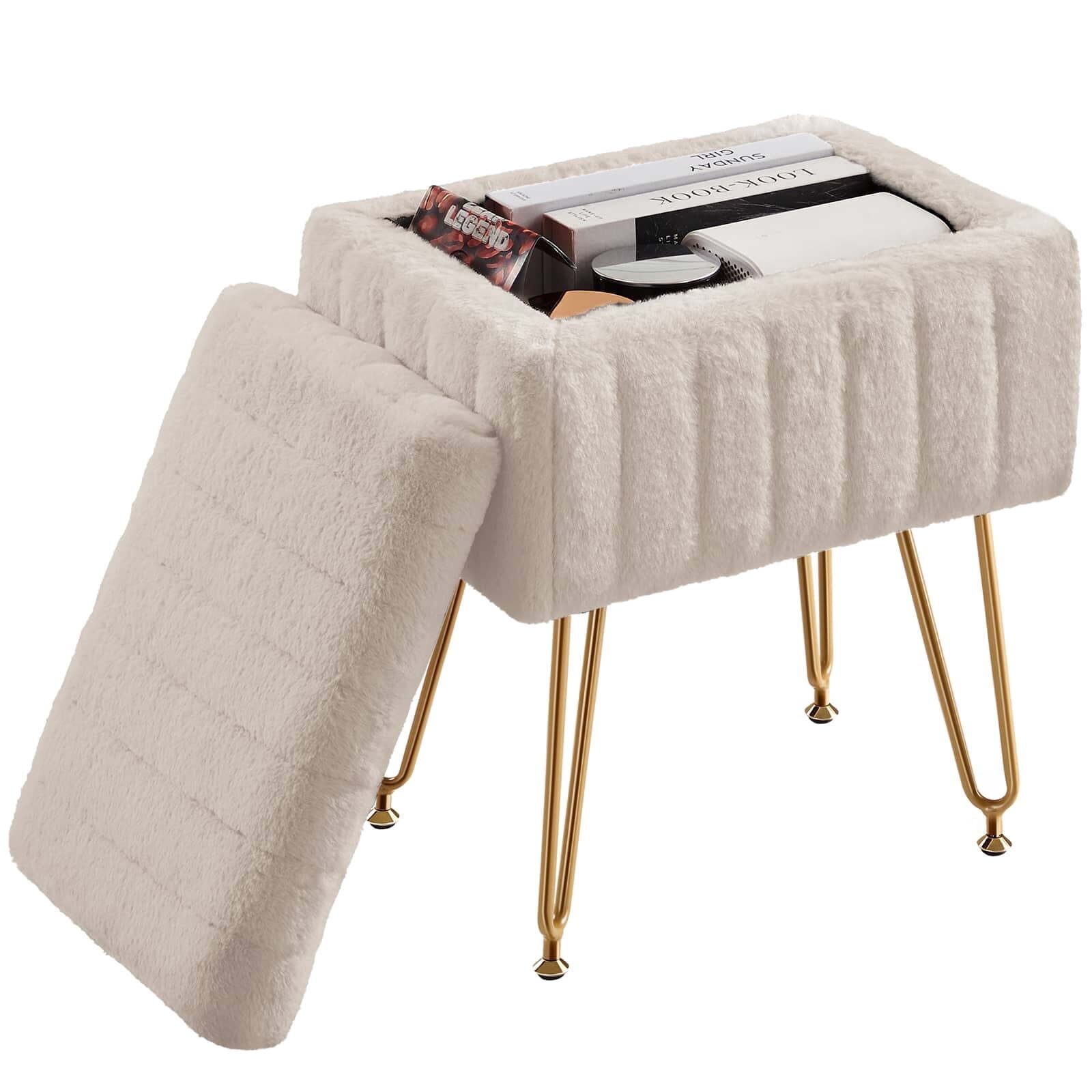 Kelno 18.9" Faux Fur Vanity Stool with Hidden Storage Soft Padded Ottoman Footrest with Metal Legs Antislip Adjustable Feet, Beige