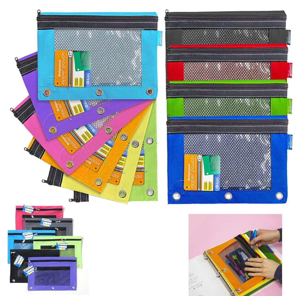 3 Ring Pencil Pouch with 2 Mesh Zipper Pockets Pencil Case for Binder Supplies 