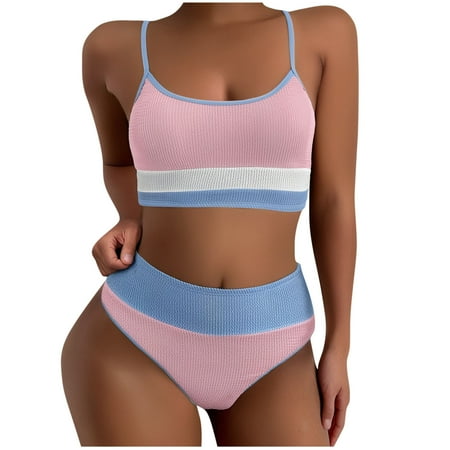 Pink Open Back Tankinis Sets for Women Slip Color Block Matching Sexy Triangle Two Piece Swimsuit Bikini Tankinis Sets Women 2025 Soft Comfy Clothes XXL