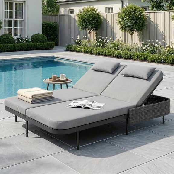 RADIATA 51.2" Wide 2-Person Outdoor Double Chaise Lounge Daybed, PE Wicker Patio Sunbed with 6-Position Backrests, 4.1" Cushions, Light Gray