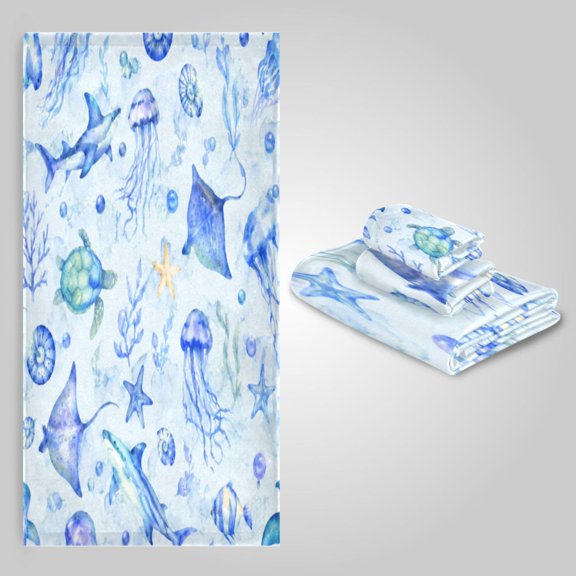 3 Pack Towel Set - Bath Towel, Hand Towel & Washcloth for Daily Household Use Blue Ocean Life Watercolor Artistic