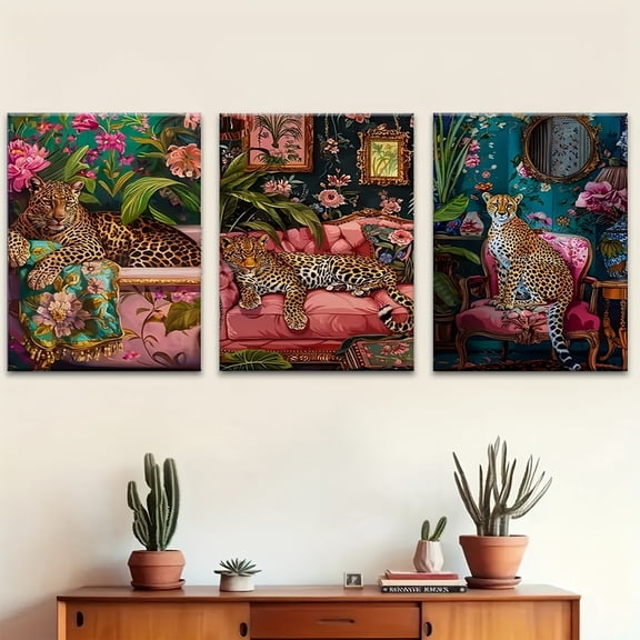 3pcs Of Wooden Framed Wall Art, Leopard Print Canvas Wall Art Aesthetic Canvas Printing Mural, Creative Art Design, Ideal Gift for Living Room, Bedroom, Office Decoration, Easter And April Fool's Day