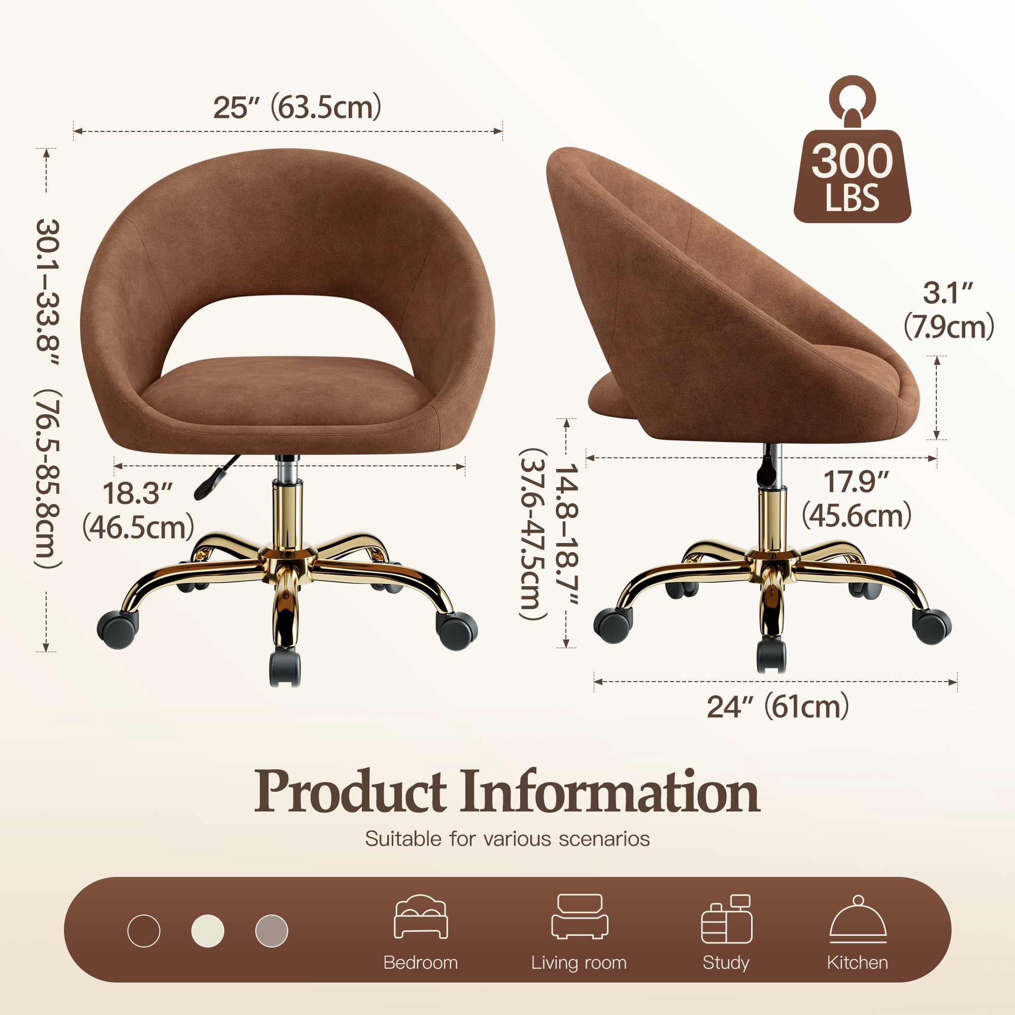 COOLHUT Home Office Desk Chairs, Adjustable Swivel Vanity Chair, Modern Makeup Vanity Chairs, Rolling Vanity Chair with Golden Base for Bedroom, Living Room, Computer Room, Brown