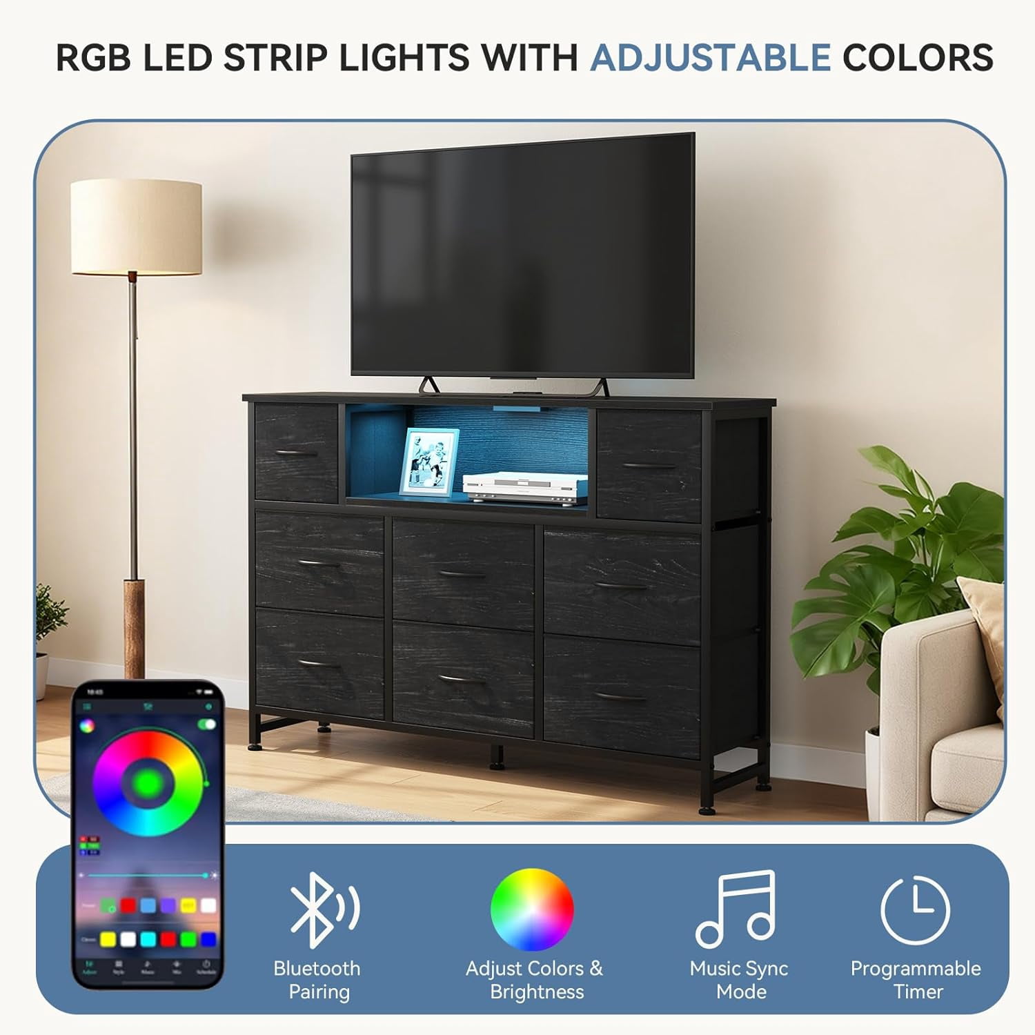 LED TV Stand for 50/55 inch TV, Dresser with 8 Fabric Drawers, Entertainment Center with Open Storage Shelves & Power Outlet, Tall Storage Chest for Bedroom, Living Room, Black Wood
