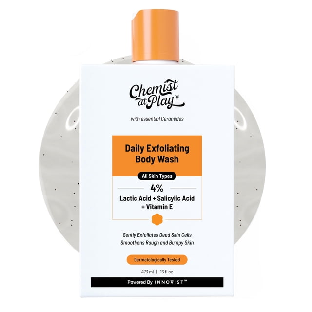 Chemist At Play Body Wash exfoliante para piel de fresa seca, áspera y con baches con 1% de ácido salicílico, 2% de ácido láctico y ceramidas para hombres y mujeres, 16 onzas