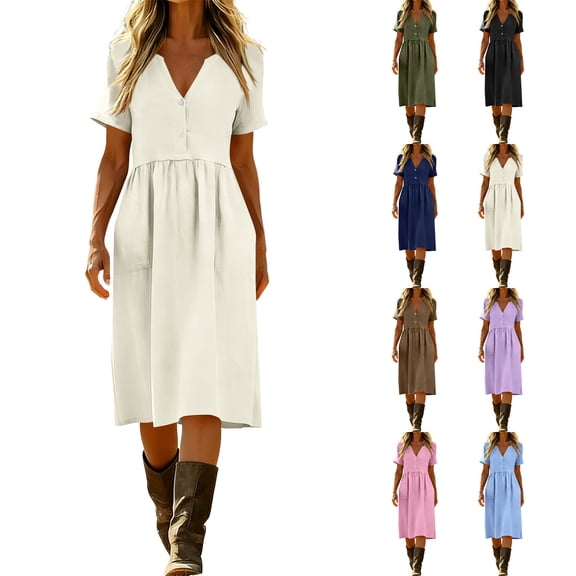Miluxas Women's Short Sleeve Midi Dress Solid V Neck Business Casual Dress with Pockets Lighweight Summer Trendy Outfits for Daily & Vacation Purple