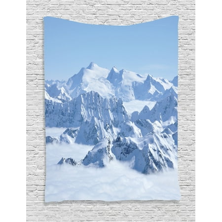 Farmhouse Decor Tapestry, Snowy Summit of Alps over Clouds Scene at Winter Wilderness in Nature, Wall Hanging for Bedroom Living Room Dorm Decor, 60W X 80L Inches, White Blue , by