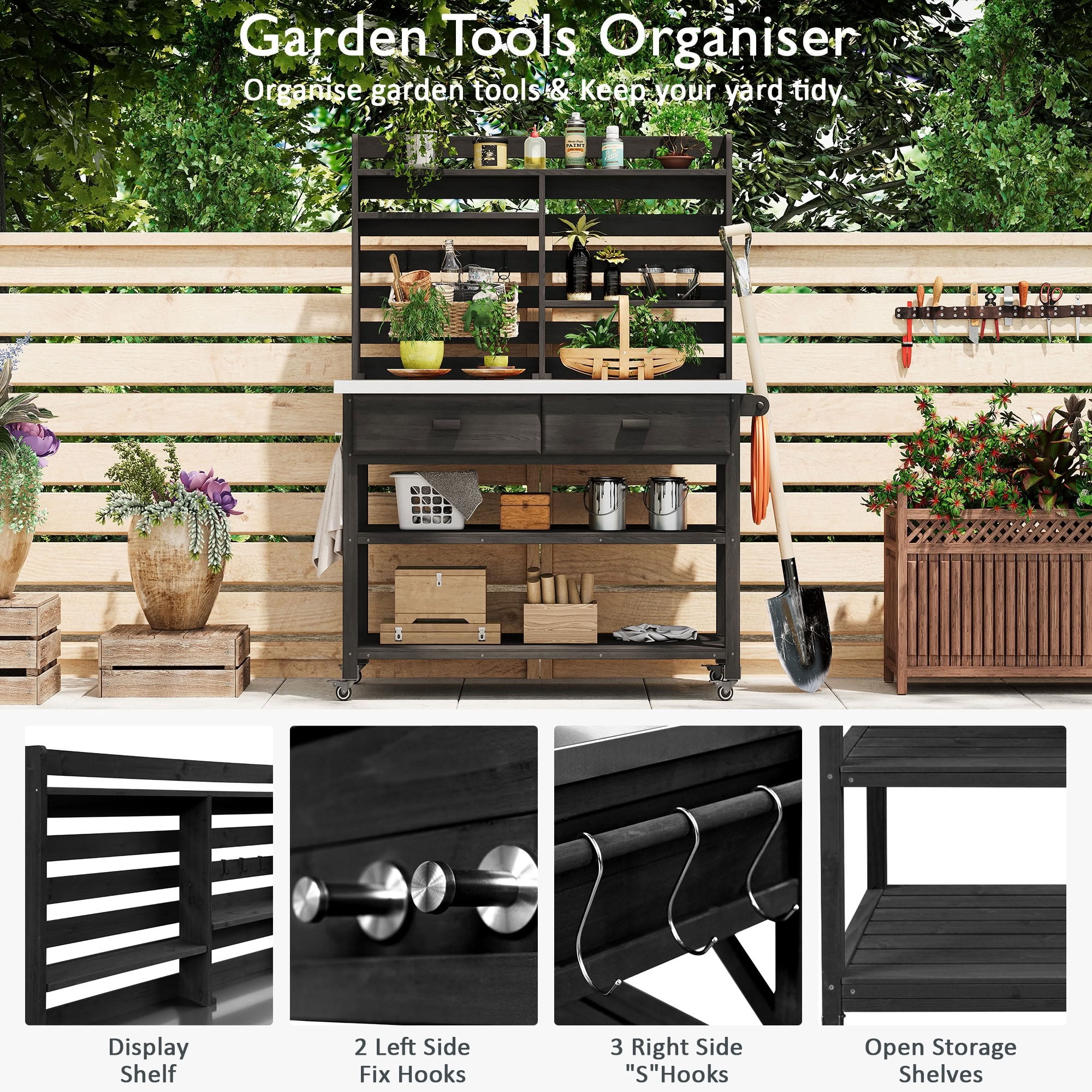MAYEERTY 65" Tall Outdoor Potting Bench with Lockable Wheels, Wood Outdoor Heavy Duty Workstation for Gardening, Grilling, Patio
