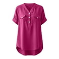 thumbnail image 4 of Staron Women's Linen Shirt Spring Summer V-Neck Pullover Button Down Short Sleeve Casual Loose Top, Hot Pink XXL, 4 of 7
