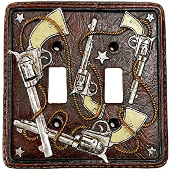 Urbalabs Western Six Shooter Rope Cowboy Silver Star Decorative Light Switch Outlet Wall Plate Covers Country Home Rustic Light Switch Covers Single Double 2 Gang Switch Plates (Double Switch)