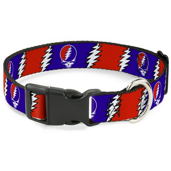 Grateful Dead Pet Collar, Dog Collar Plastic Buckle, Steal Your Face Lightning Bolt Repeat Red White Blue, 7 to 8.5 Inches 0.5 Inch Wide