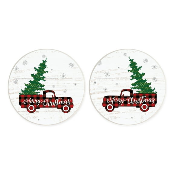 Merry Vintage Truck White 2.75 x 2.75 Ceramic Holiday Car Coasters Pack of 2