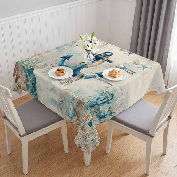 Nautical Anchor Table Cloth Waterproof Tablecloths, Vintage Coastal Summer Beach Coral Tablecloth Dining Table Cover for Kitchen Party Tabletop Outdoor, Square Tablecloth 54x54 Inch