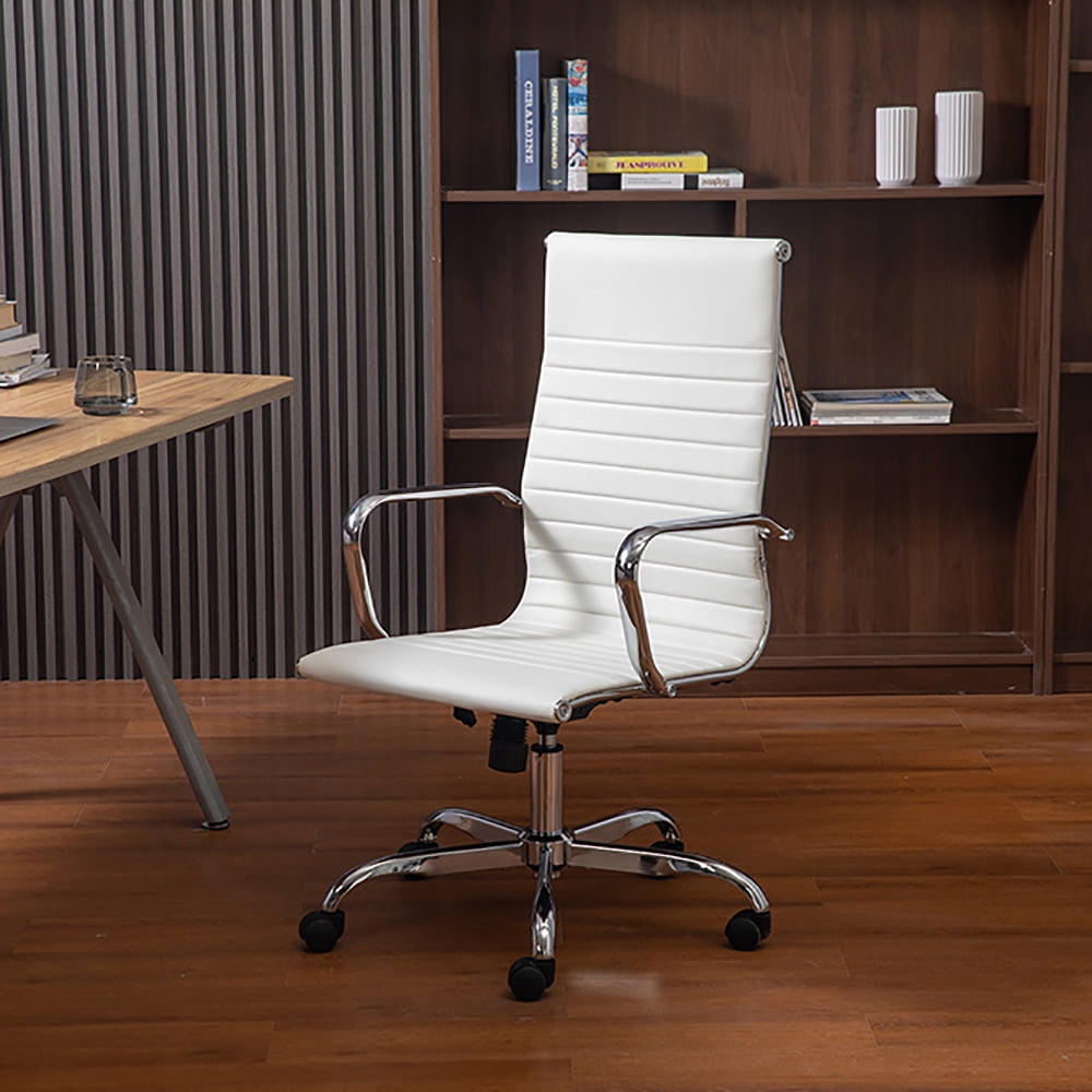 Kepooman Modern Ribbed Adjustable Swivel Rolling Computer Chair with Armrest for Home Office, White Kepooman Modern Ribbed Adjustable Swivel Rolling Computer Chair with Armrest for Home Office, White