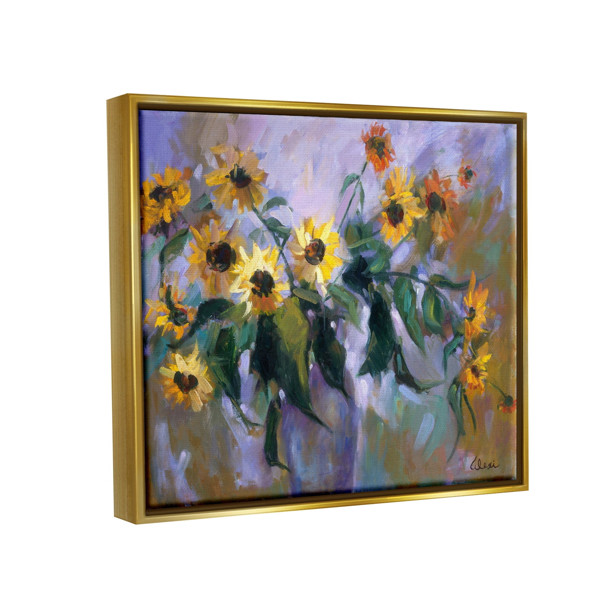 Stupell Industries Purple Sunflowers Painting Botanical & Floral Painting Gold Floater Framed Canvas Art Print Wall Art, 31 x 25