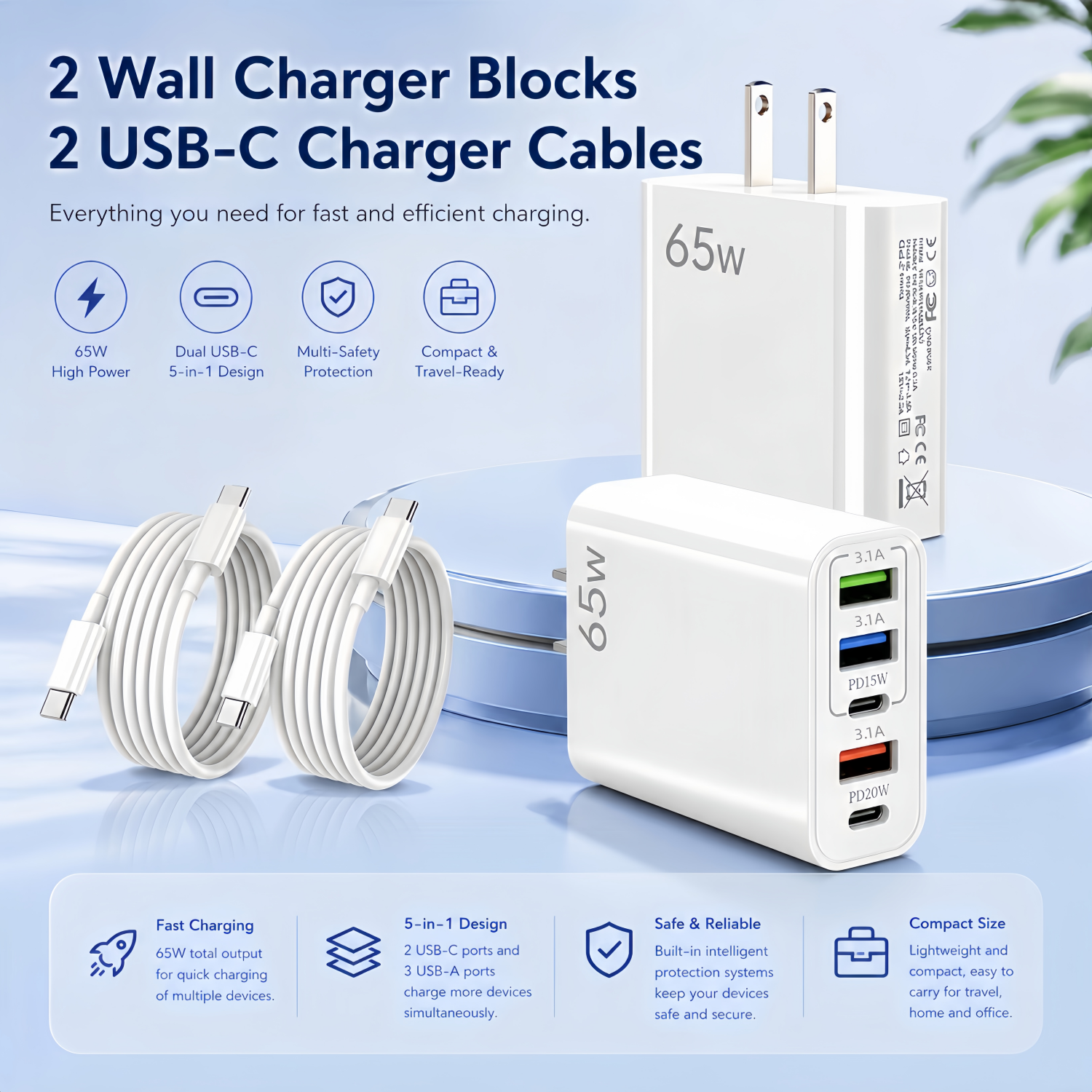 QINIUXO 65W USB-C Wall Charger with 2 Cables, White photo 3