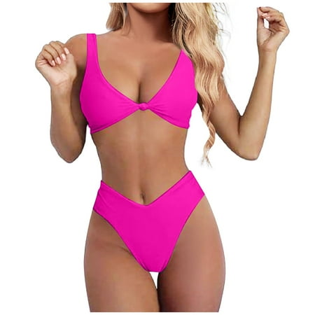 JIANJIA Swim Suits for Women Summer Solid Color Strappy V Neck Knot Front Push Up Bra And Panty Set Two Piece Tankinis Swimwears Holiday Wear Pink L